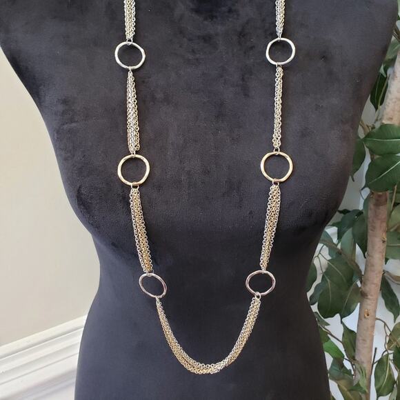 Womens Gold Silver Ring Station Multi-Chain Long Necklace with Lobster Clasp - Picture 1 of 6